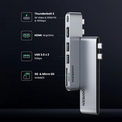 USB-C-hubb UGREEN CM380 (80856) för Apple MacBook Pro / Air-serien, 2 x USB-A 3.0 - 1 x USB-C - 1 x HDMI - 1 x SD - 1 x microSD