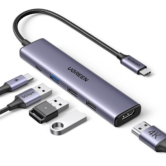Hub USB-C UGREEN CM478, 1 x USB-A 3.0 - 2 x USB-A - 1 x USB-C - 1 x HDMI, Grå Återförslutad