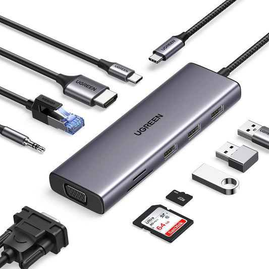 UGREEN CM498 USB-C Hub (15601), 3 x USB-A 3.0 - 1 x USB-C - 1 x HDMI - 1 x VGA - 1 x 3.5mm Jack - 1 x RJ45 - 1 x SD - 1 x microSD, Gray