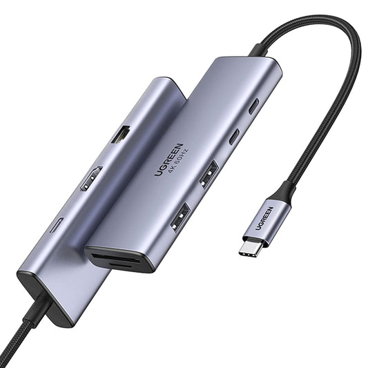 USB-C-hubb UGREEN CM498 (15375), 2 x USB-A - 3 x USB-C - 1 x HDMI - 1 x RJ45 - 1 x SD - 1 x microSD, Grå