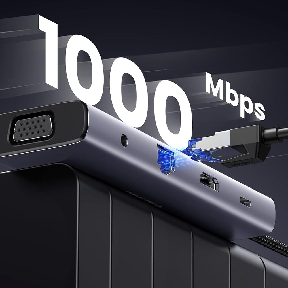 UGREEN CM498 USB-C Hub (15601), 3 x USB-A 3.0 - 1 x USB-C - 1 x HDMI - 1 x VGA - 1 x 3.5mm Jack - 1 x RJ45 - 1 x SD - 1 x microSD, Gray