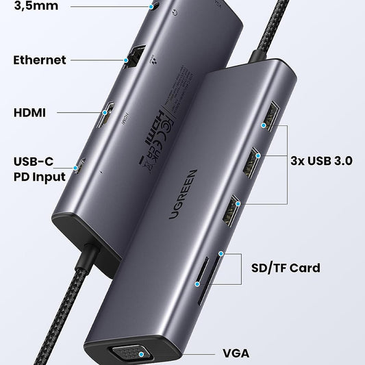UGREEN CM498 USB-C Hub (15601), 3 x USB-A 3.0 - 1 x USB-C - 1 x HDMI - 1 x VGA - 1 x 3.5mm Jack - 1 x RJ45 - 1 x SD - 1 x microSD, Gray