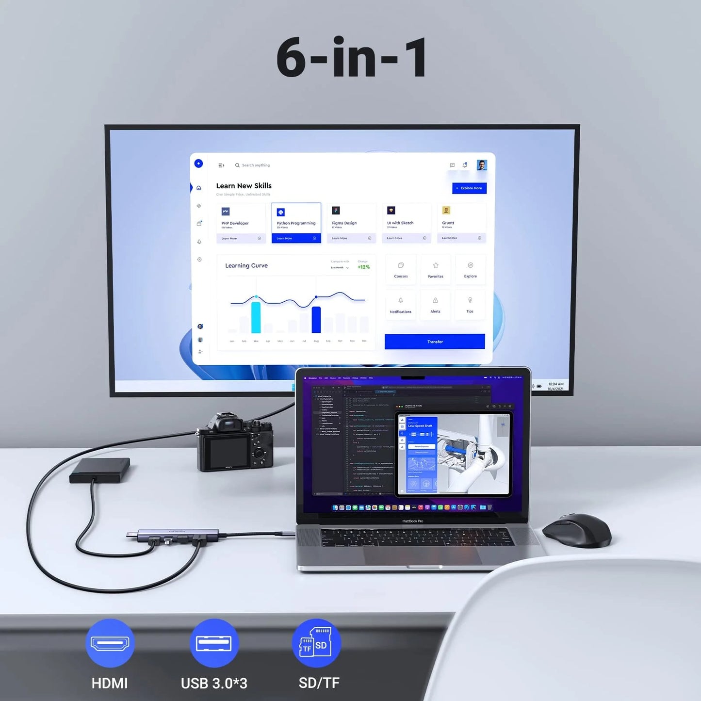Hub USB-C UGREEN CM511 (60383), 3 x USB-A 3.2 - 1 x HDMI - 1 x SD - 1 x microSD, Grå