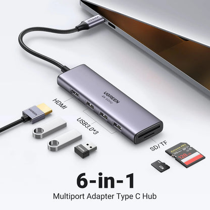Hub USB-C UGREEN CM511 (60383), 3 x USB-A 3.2 - 1 x HDMI - 1 x SD - 1 x microSD, Grå