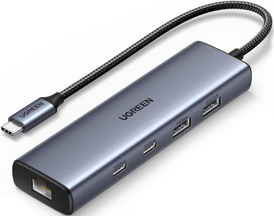 Hub USB-C UGREEN CM512, 1 x USB-A 3.2 - 1 x USB-A - 3 x USB-C - 1 x RJ45, Grå
