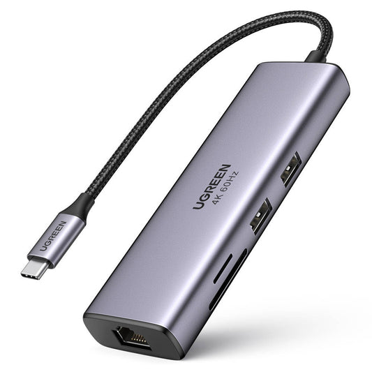 Hub USB-C UGREEN CM512 (60515), 2 x USB-A 3.0 - 1 x USB-C - 1 x HDMI - 1 x SD - 1 x microSD - 1 x RJ45, Grå