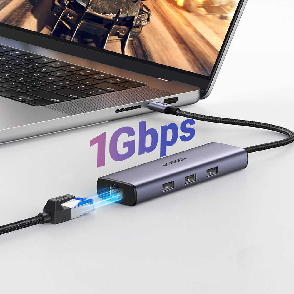 Hub USB-C UGREEN CM512 (15598), 3 x USB-A 3.0 - 1 x USB-C - 1 x HDMI - 1 x RJ45, Grå
