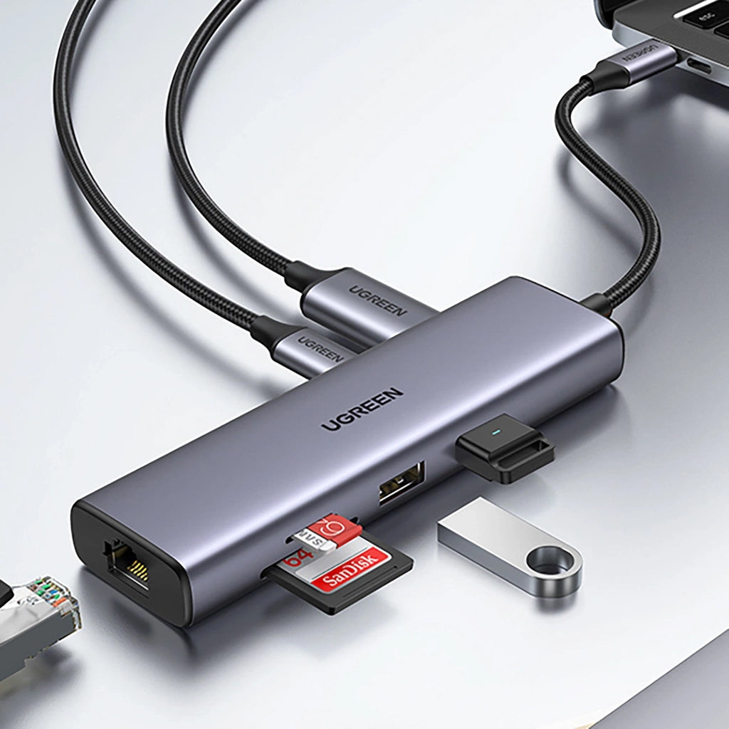 Hub USB-C UGREEN CM512, 2 x USB-A 3.0 - 1 x USB-C - 1 x HDMI - 1 x SD - 1 x microSD - RJ45, Grå