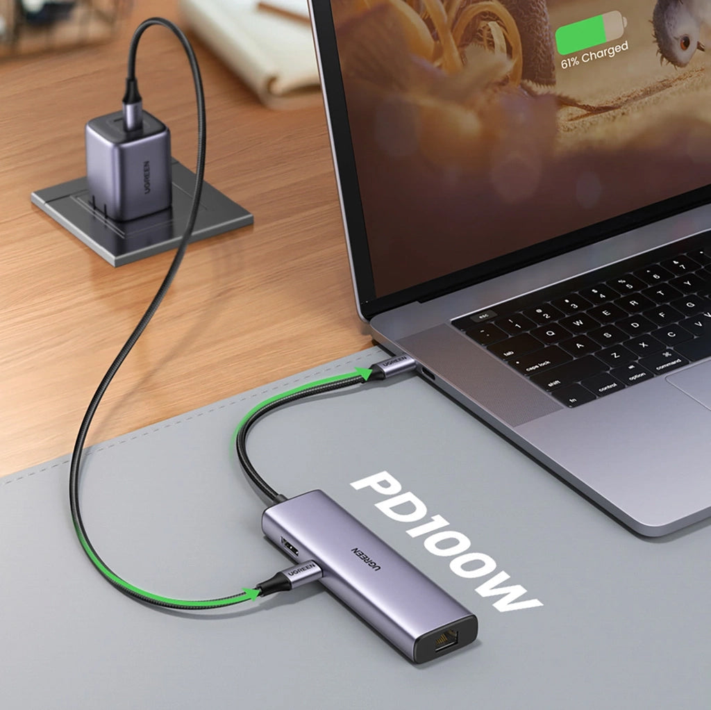Hub USB-C UGREEN CM512, 2 x USB-A 3.0 - 1 x USB-C - 1 x HDMI - 1 x SD - 1 x microSD - RJ45, Grå