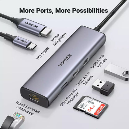 Hub USB-C UGREEN CM512, 2 x USB-A 3.0 - 1 x USB-C - 1 x HDMI - 1 x SD - 1 x microSD - RJ45, Grå