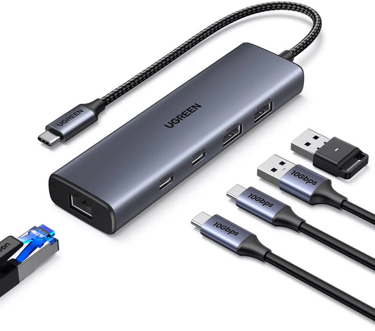 Hub USB-C UGREEN CM512, 1 x USB-A 3.2 - 1 x USB-A - 3 x USB-C - 1 x RJ45, Grå