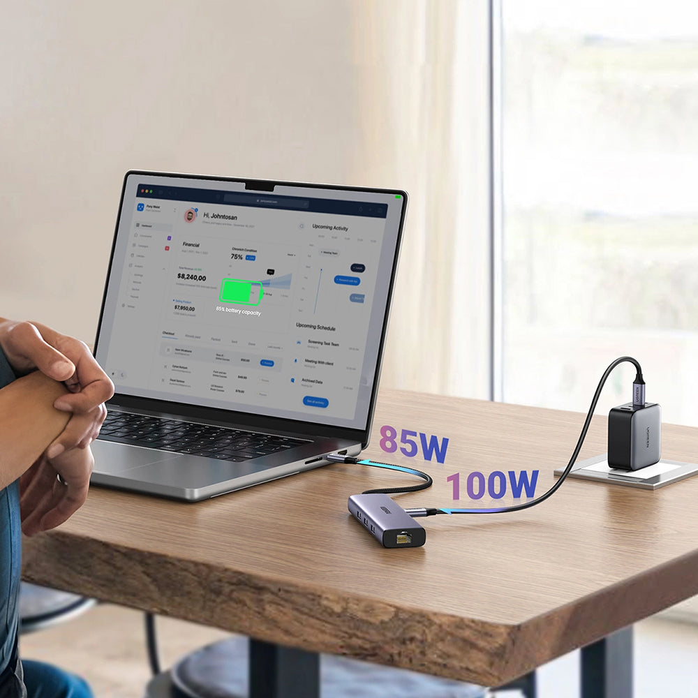 Hub USB-C UGREEN CM512 (15598), 3 x USB-A 3.0 - 1 x USB-C - 1 x HDMI - 1 x RJ45, Grå