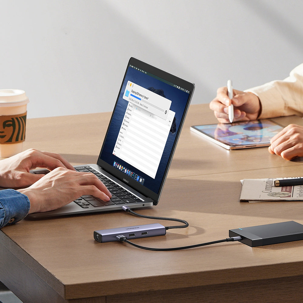 Hub USB-C UGREEN CM512 (15598), 3 x USB-A 3.0 - 1 x USB-C - 1 x HDMI - 1 x RJ45, Grå