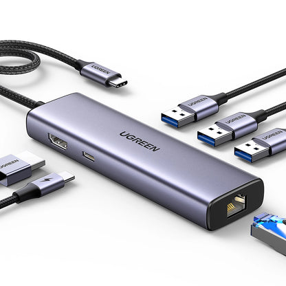 Hub USB-C UGREEN CM512 (15598), 3 x USB-A 3.0 - 1 x USB-C - 1 x HDMI - 1 x RJ45, Grå