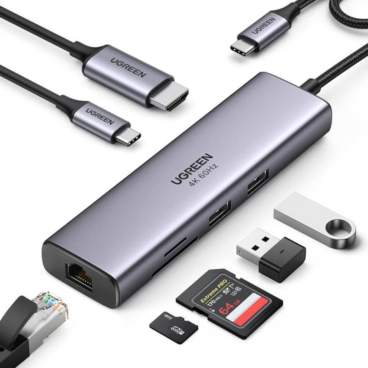Hub USB-C UGREEN CM512 (60515), 2 x USB-A 3.0 - 1 x USB-C - 1 x HDMI - 1 x SD - 1 x microSD - 1 x RJ45, Grå