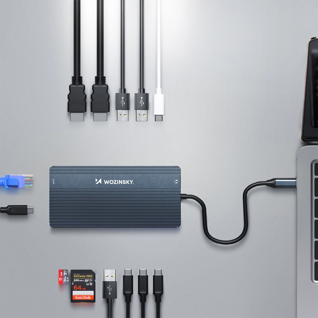 Hub USB-C WZK WDS03Y5S, 1 x USB-A 3.1 - 2 x USB-A - 5 x USB-C - 2 x HDMI - 1 x Jack 3.5mm - 1 x RJ45 - 1 x SD - 1 x microSD, Grå