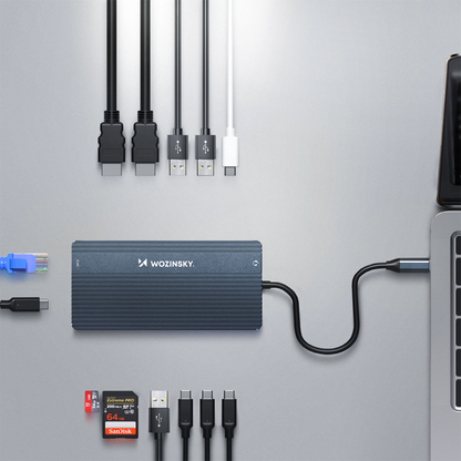 Hub USB-C WZK WDS03Y5S, 1 x USB-A 3.1 - 2 x USB-A - 5 x USB-C - 2 x HDMI - 1 x Jack 3.5mm - 1 x RJ45 - 1 x SD - 1 x microSD, Grå