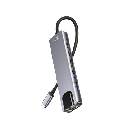 Hub USB-C XO Design HUB013, 1 x USB-A - 1 x USB-A 3.0 - 2 x USB-C - 1 x HDMI - 1 x RJ45, Grå