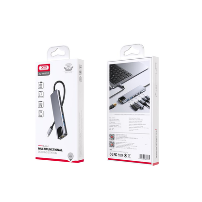Hub USB-C XO Design HUB013, 1 x USB-A - 1 x USB-A 3.0 - 2 x USB-C - 1 x HDMI - 1 x RJ45, Grå