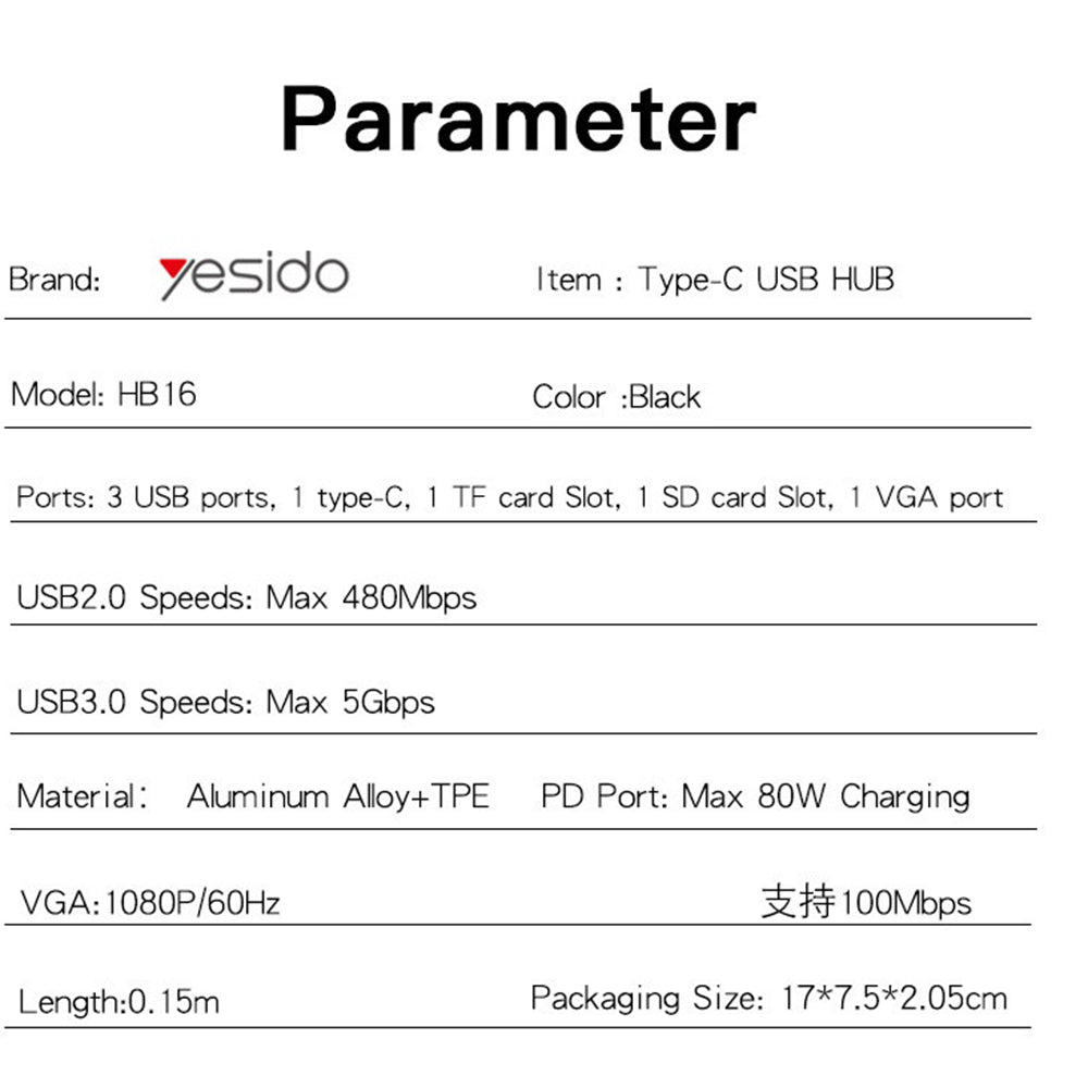 USB-C-hubb Yesido HB16, 7-i-1, Grå