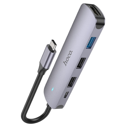 USB-C-hubb HOCO HB27, USB-A 3.0 - 2 x USB-A - USB-C - HDMI, Grå