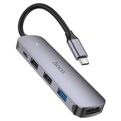 USB-C-hubb HOCO HB27, USB-A 3.0 - 2 x USB-A - USB-C - HDMI, Grå