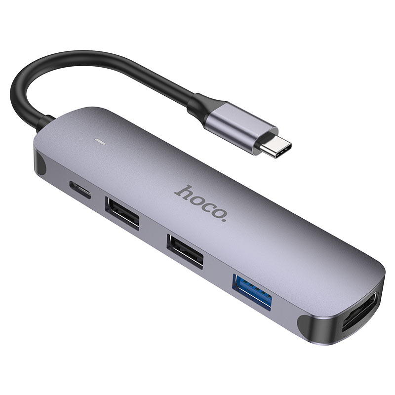 USB-C-hubb HOCO HB27, USB-A 3.0 - 2 x USB-A - USB-C - HDMI, Grå