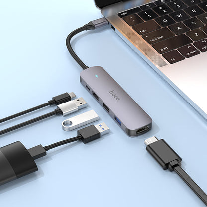 USB-C-hubb HOCO HB27, USB-A 3.0 - 2 x USB-A - USB-C - HDMI, Grå