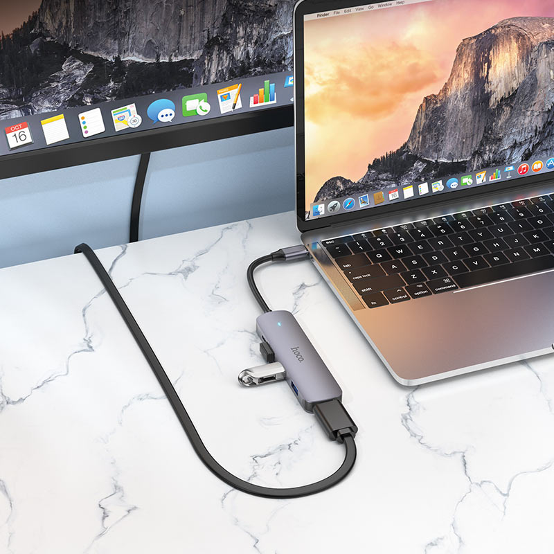 USB-C-hubb HOCO HB27, USB-A 3.0 - 2 x USB-A - USB-C - HDMI, Grå
