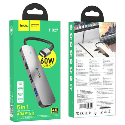 USB-C-hubb HOCO HB27, USB-A 3.0 - 2 x USB-A - USB-C - HDMI, Grå