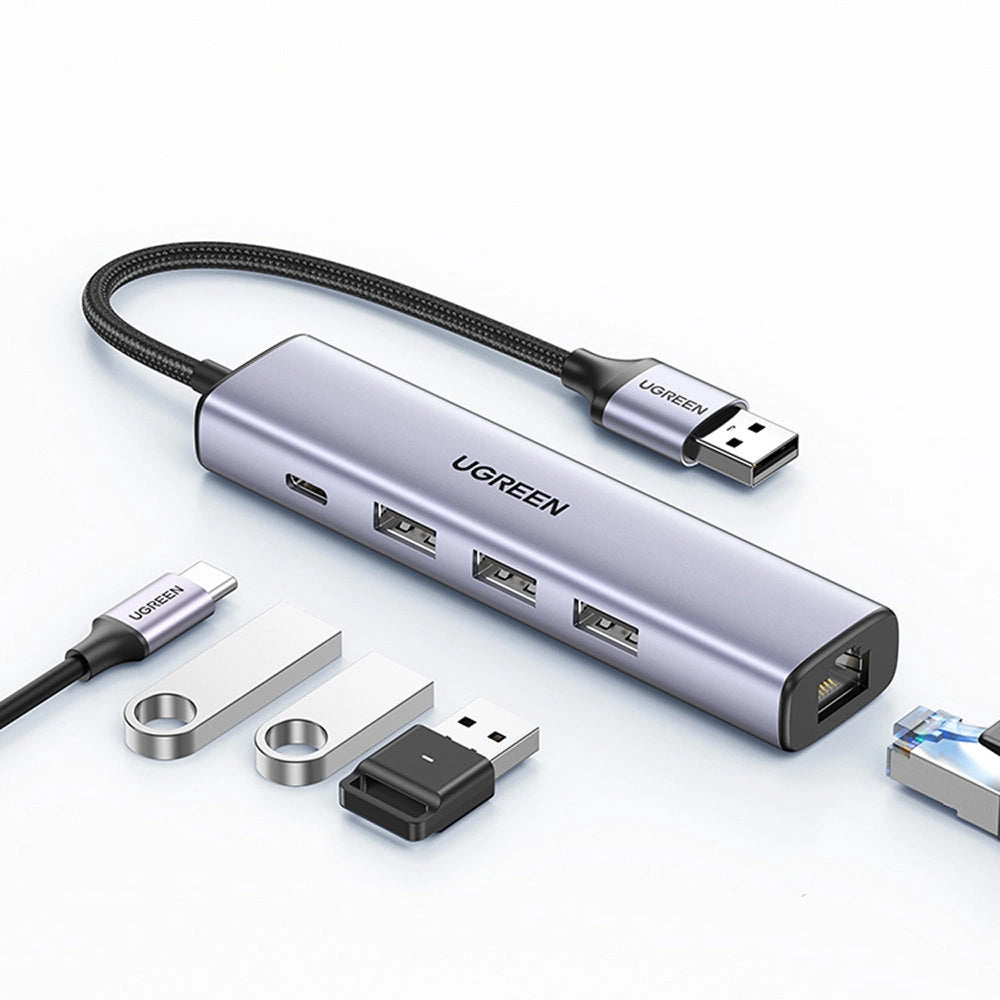USB-hub UGREEN CM475, 3 x USB-A 3.0 - 1 x USB-C - 1 x RJ45, Grå