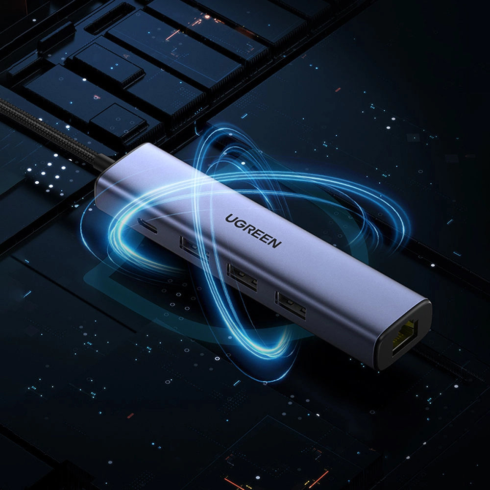 USB-hub UGREEN CM475, 3 x USB-A 3.0 - 1 x USB-C - 1 x RJ45, Grå