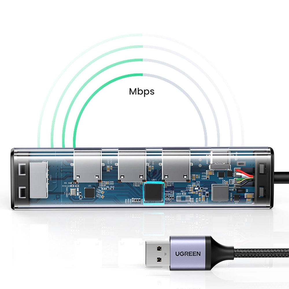 USB-hub UGREEN CM475, 3 x USB-A 3.0 - 1 x USB-C - 1 x RJ45, Grå