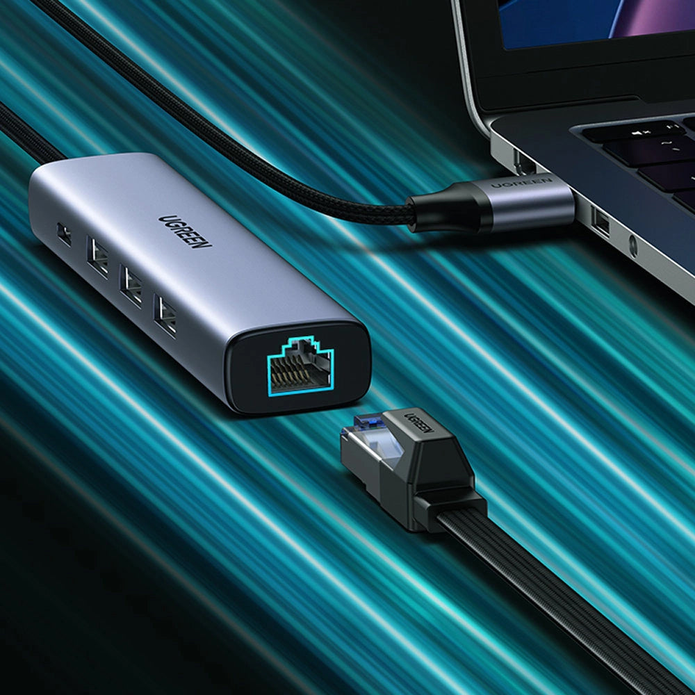 USB-hub UGREEN CM475, 3 x USB-A 3.0 - 1 x USB-C - 1 x RJ45, Grå