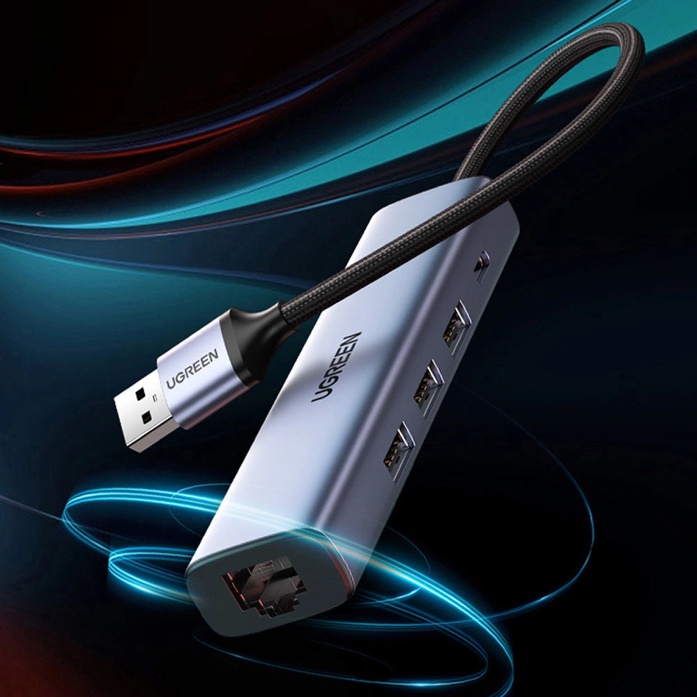 USB-hub UGREEN CM475, 3 x USB-A 3.0 - 1 x USB-C - 1 x RJ45, Grå
