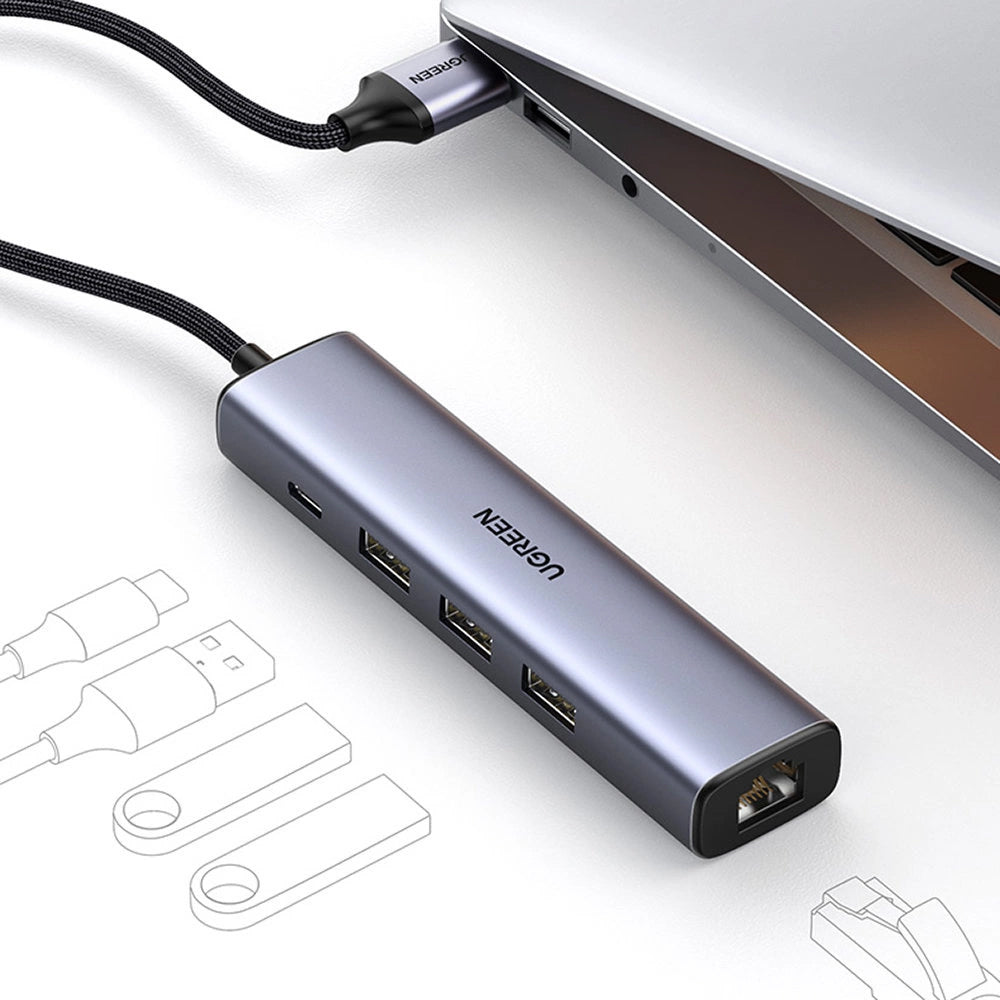 USB-hub UGREEN CM475, 3 x USB-A 3.0 - 1 x USB-C - 1 x RJ45, Grå