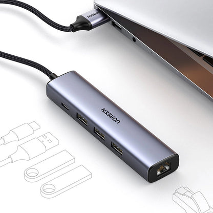 USB-hub UGREEN CM475, 3 x USB-A 3.0 - 1 x USB-C - 1 x RJ45, Grå