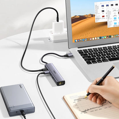 USB-hub UGREEN CM475, 3 x USB-A 3.0 - 1 x USB-C - 1 x RJ45, Grå