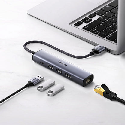 USB-hub UGREEN CM475, 3 x USB-A 3.0 - 1 x USB-C - 1 x RJ45, Grå
