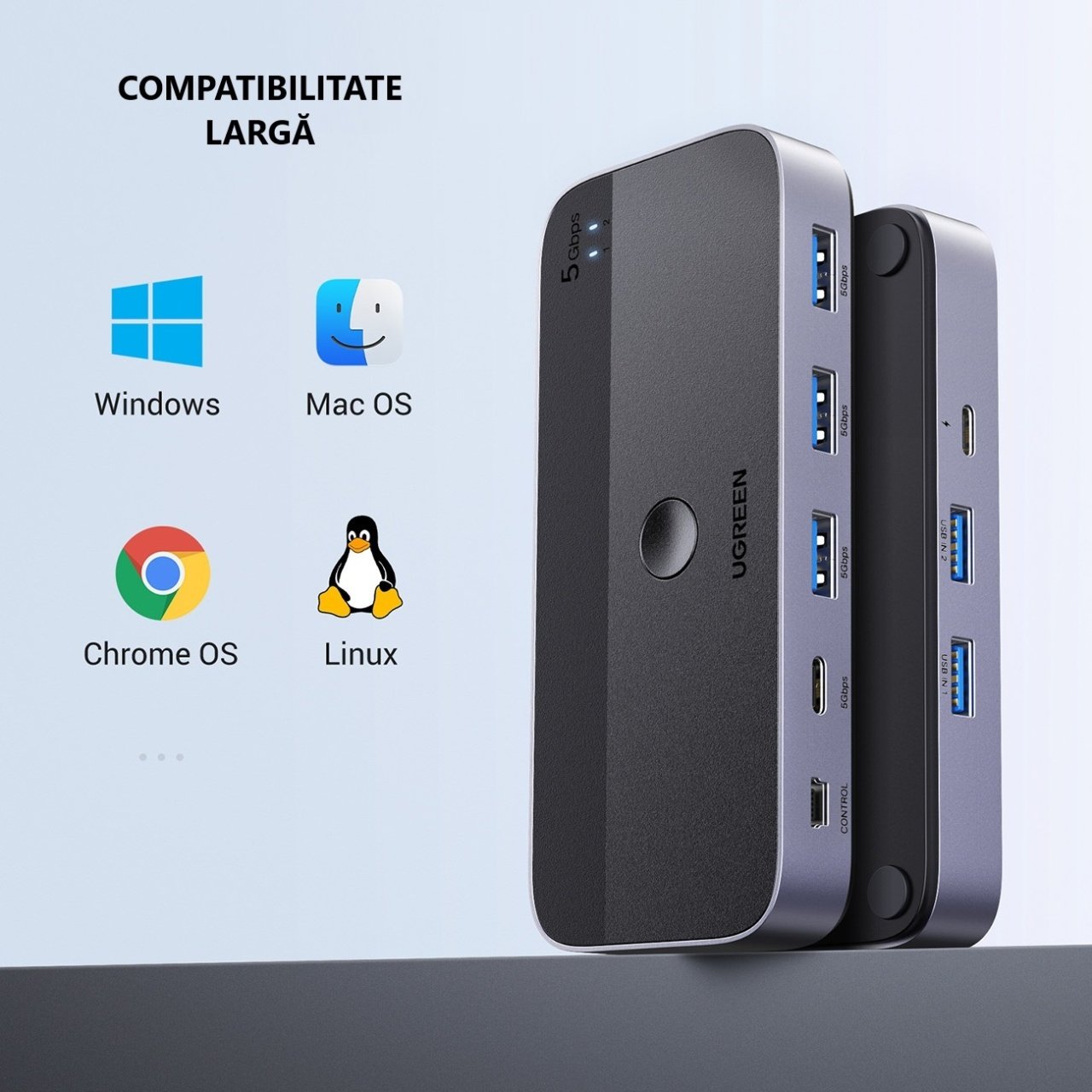 Hub USB UGREEN CM662, 3 x USB-A 3.0 - 1 x USB-C - 1 x miniUSB, Svart