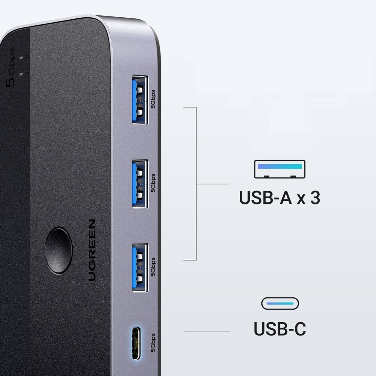 Hub USB UGREEN CM662, 3 x USB-A 3.0 - 1 x USB-C - 1 x miniUSB, Svart