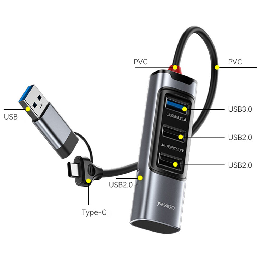 USB-hubb / USB-C Yesido HB19, 4in1, Grå