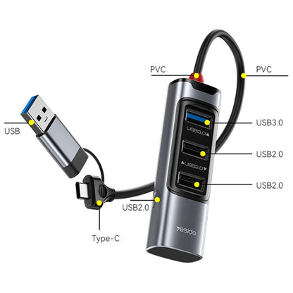 USB-hubb / USB-C Yesido HB19, 4in1, Grå