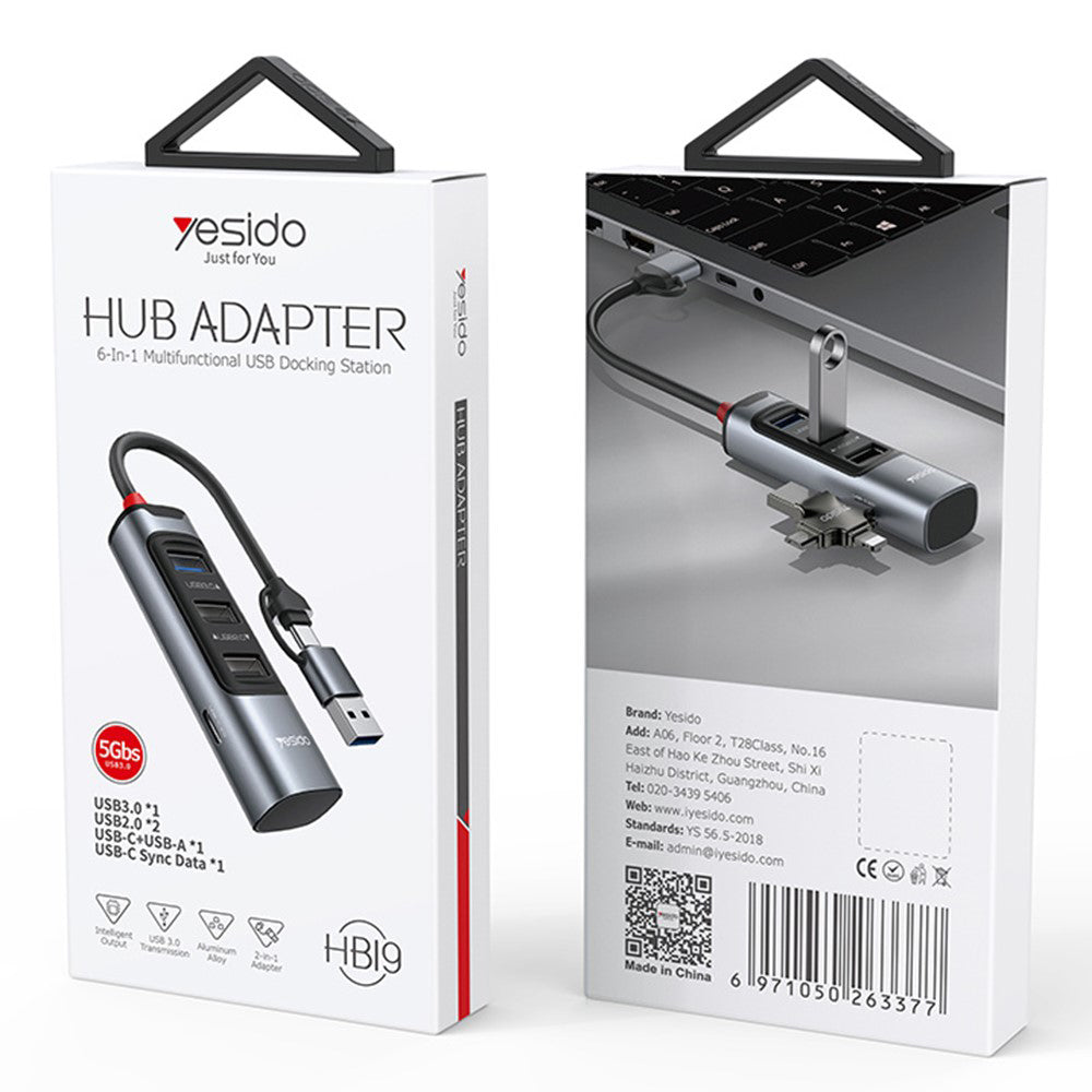 USB-hubb / USB-C Yesido HB19, 4in1, Grå