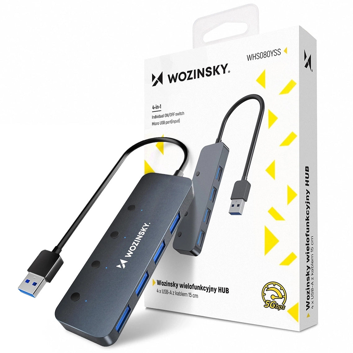 USB-hub WZK WHS080YSS, 4 x USB-A 3.0, Grå