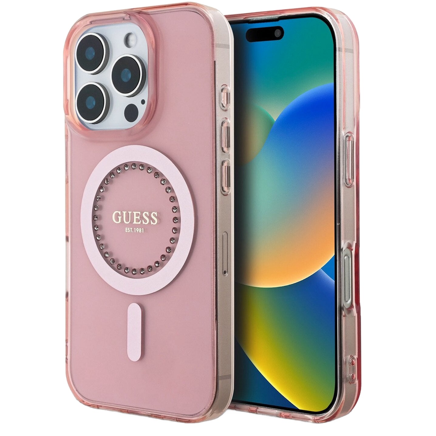 MagSafe-fodral för Apple iPhone 16 Pro Max, Guess, IML Rhinestones Ring, Rosa GUHMP16XPFTDTEP
