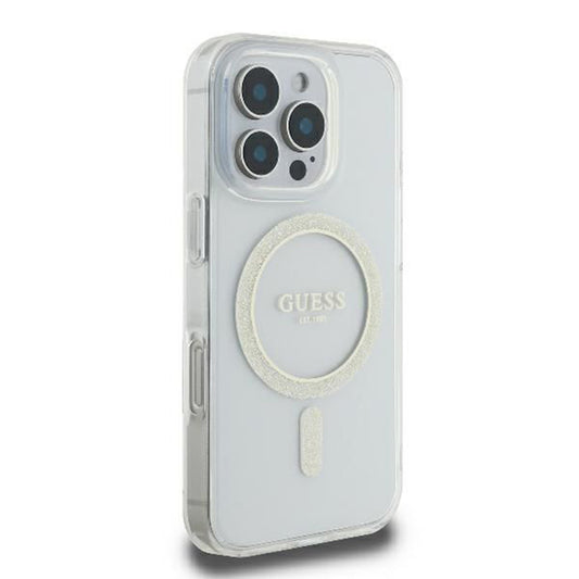 MagSafe-fodral för Apple iPhone 16 Pro, Guess, IML Glitter Ring, Transparent GUHMP16LHFGERET