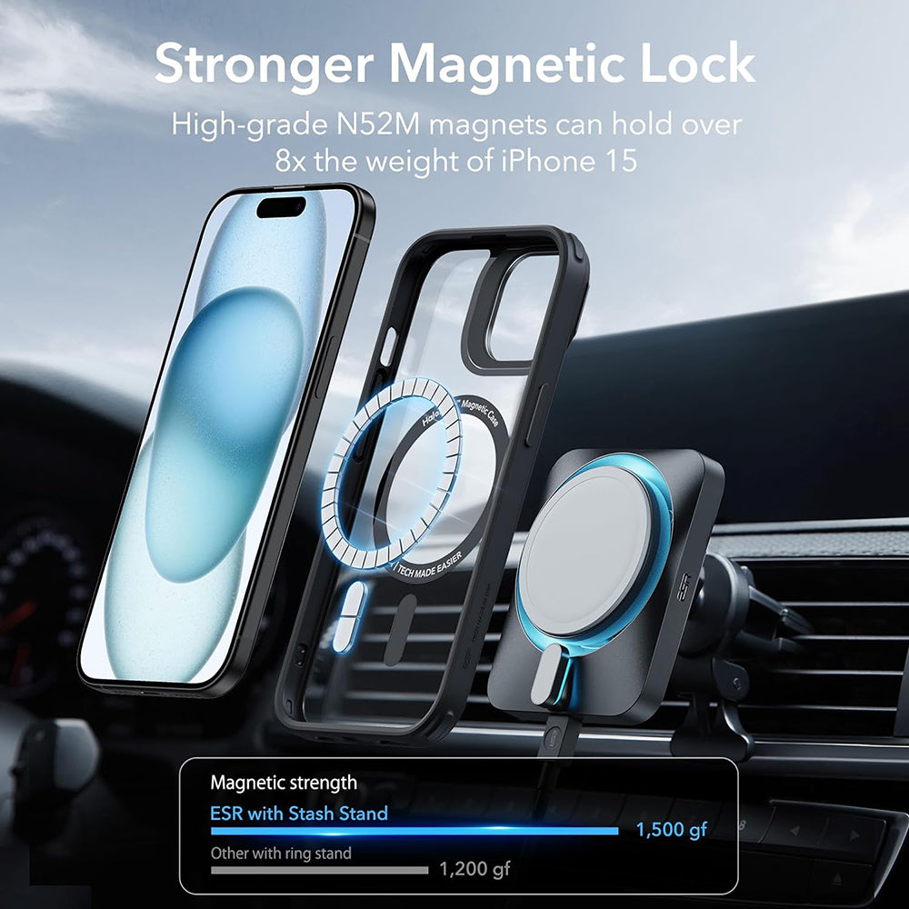 MagSafe-fodral för Apple iPhone 15, ESR, Classic Hybrid Kickstand, Svart Transparent