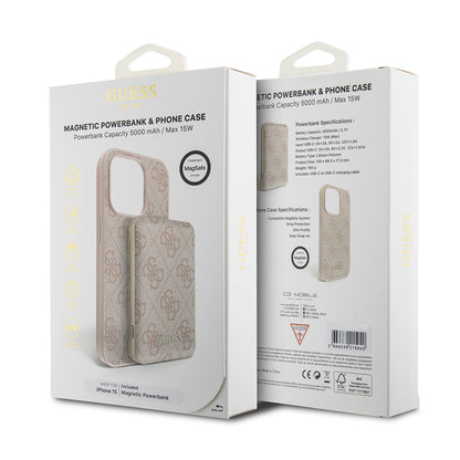 MagSafe-skal för Apple iPhone 15, Guess, Powerbank 4G Metal Logo, Rosa