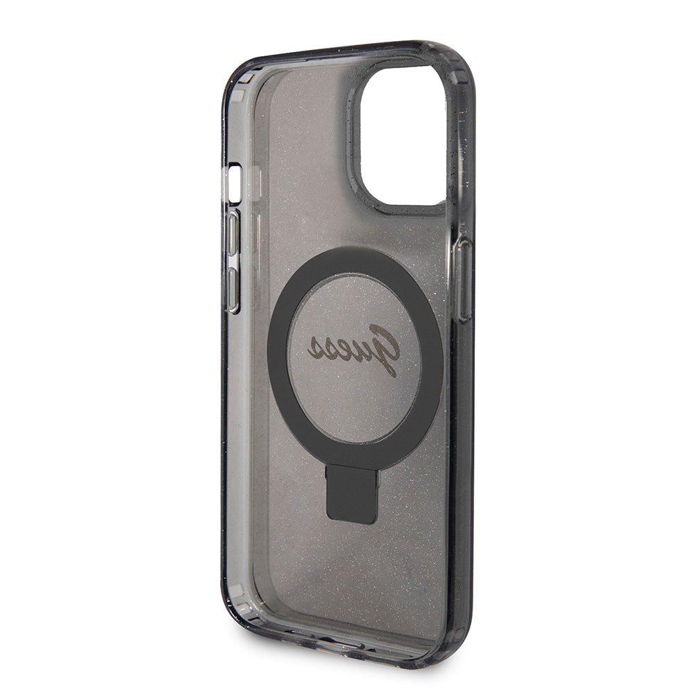 MagSafe-skal för Apple iPhone 15, Guess, Ring Stand Script Glitter, Svart